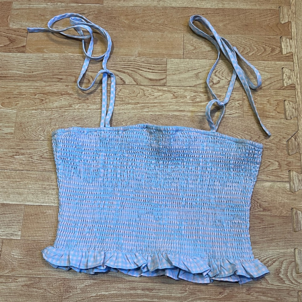 Smocked Tie Strap Crop Top Size S | Pastel Blue Gingham Ruffle Cottagecore Tank - Picture 3 of 4